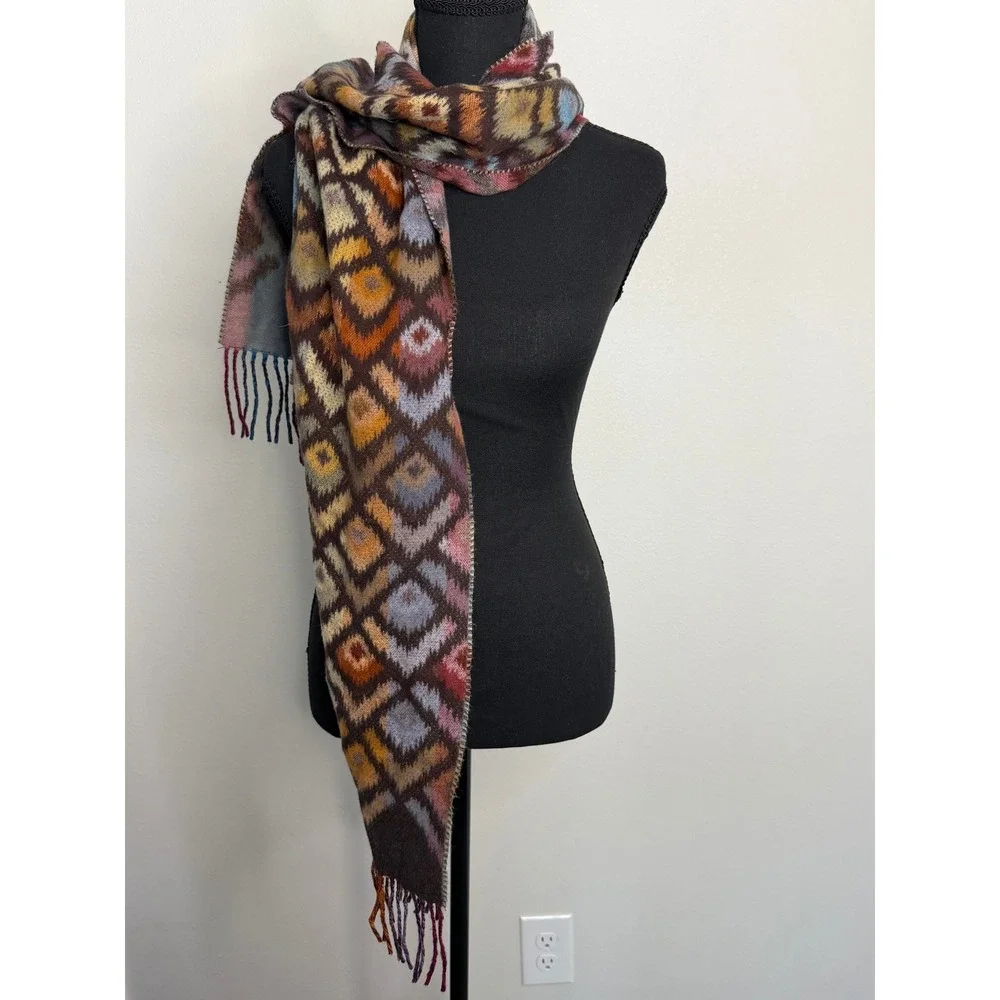 FRAAS Cashmink Scarf Multicolor Geometric Diamond Ikat Fringe Made in Germany